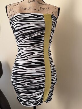 Bebe Black and White Zebra-Print Strapless Dress with Green Panel